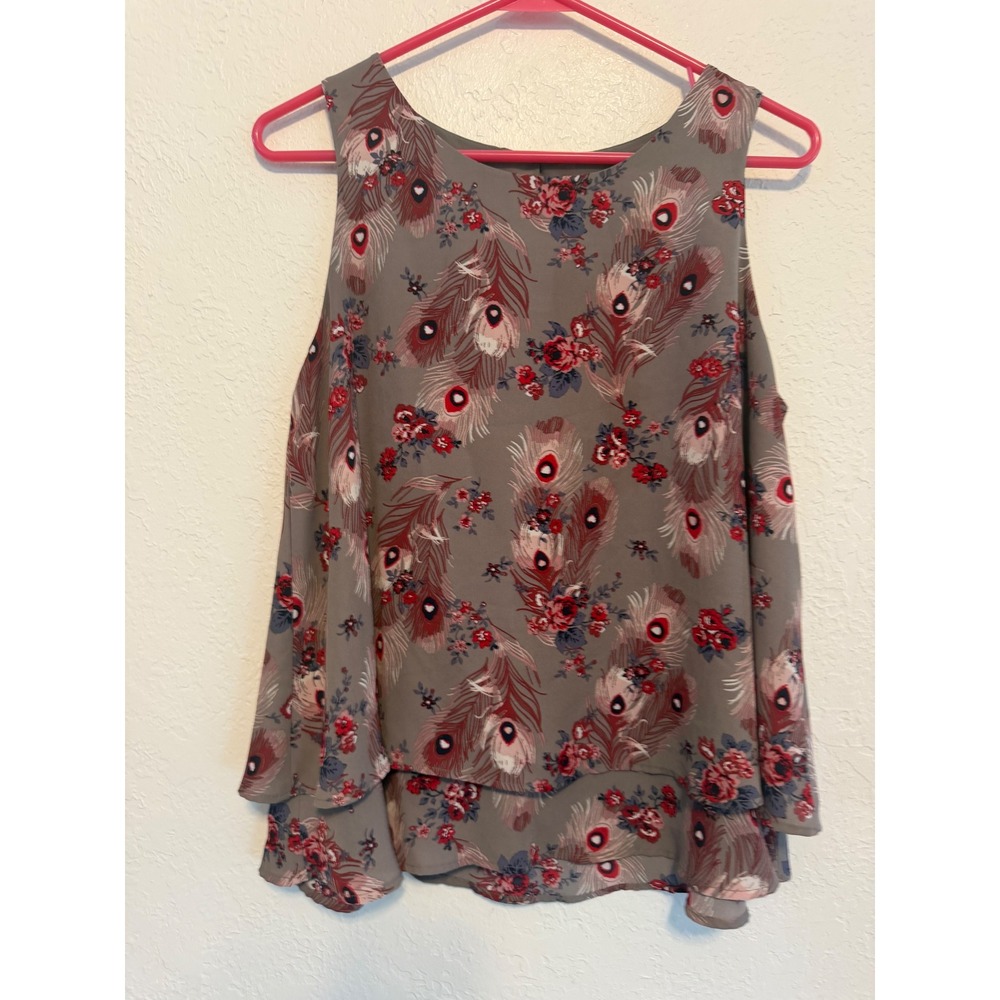 Loft Outlet Peacock Feather Floral Tiered Sleeveless Blouse Gray Red Medium